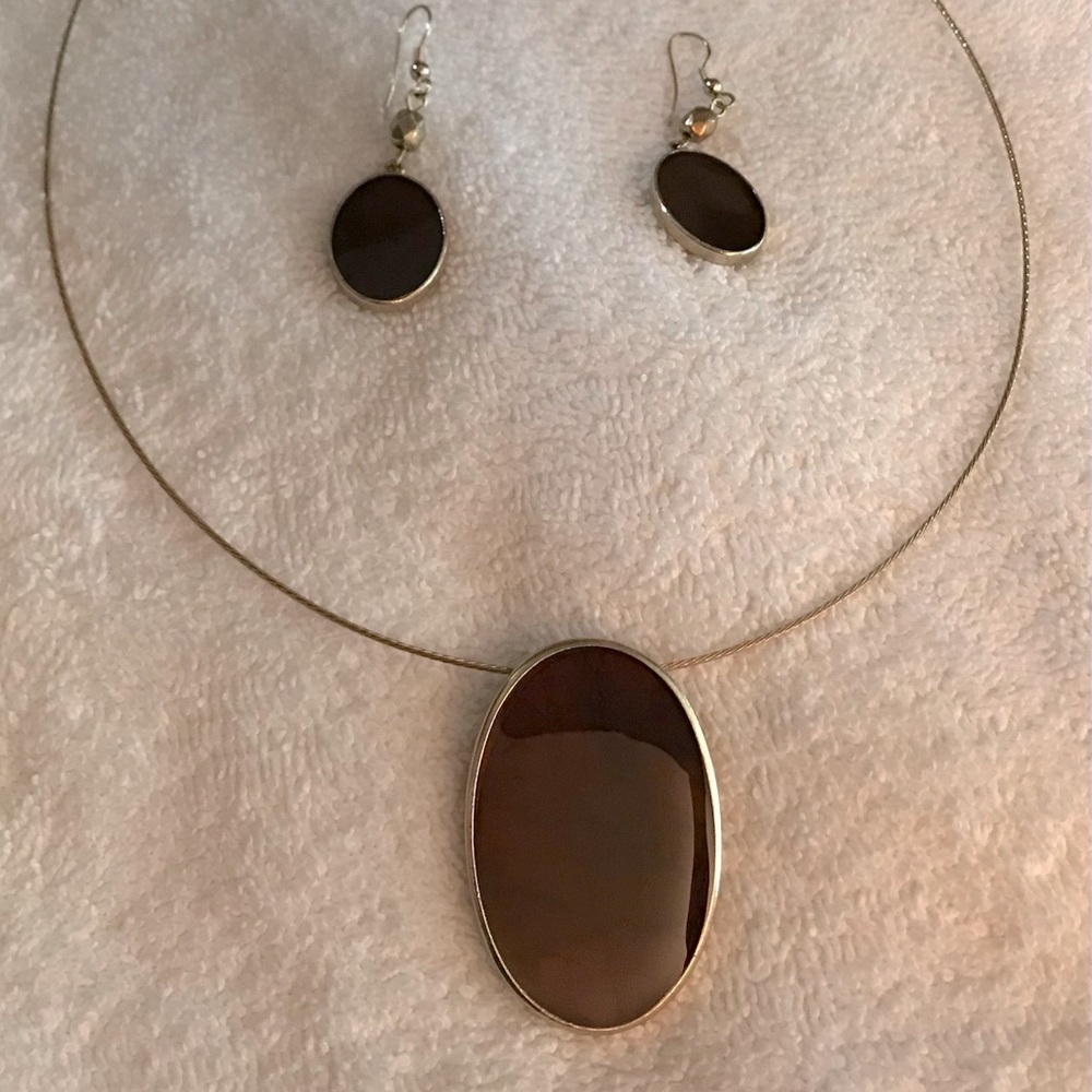 Xcetera Dark Brown Stone Necklace and Matching Earrings